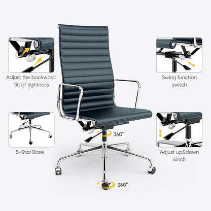 Ribbed Office Chair with Top Grain Leather - High Back Ergonomic Desk Chair with Aluminum Arm Rest and 5-Star Base, Swivel Chair Dark Blue
