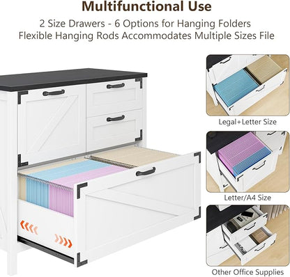 Lateral File Cabinet with 4 Drawers Farmhouse File Cabinet for Letter/Legal/A4 Size Hanging Files, Large Wood File Storage Cabinets Printer Stand for Home Office Cabinet, White and Black