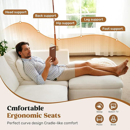 115" Cloud Boneless Sectional Couch, Deep Seat L Shaped Modular Couch with Ottoman, Oversized Upholstered Convertible 4 Seater Modular Sofa for Living Room,Beige Chenille