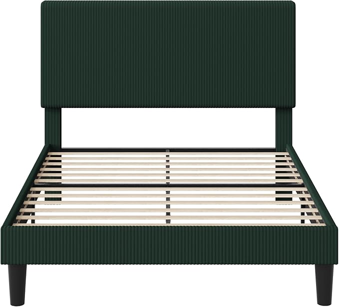 Allewie Full Size Upholstered Bed Frame with Vertical Channel Tufted Headboard, Soft Corduroy Fabric Platform Bed, Strong Wooden Slats Support, Easy Assembly, No Box Spring Needed, Dark Green