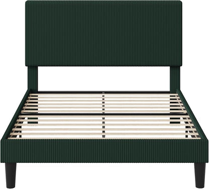 Allewie Full Size Upholstered Bed Frame with Vertical Channel Tufted Headboard, Soft Corduroy Fabric Platform Bed, Strong Wooden Slats Support, Easy Assembly, No Box Spring Needed, Dark Green