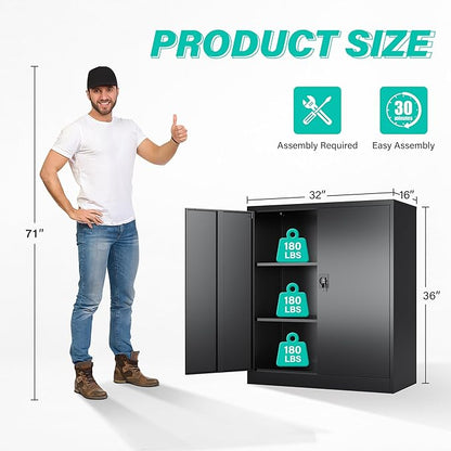 SISESOL Small Metal Storage Cabinet with Doors and Shelves,36 inch Black Locking Garage Cabinet,Lockable Short Steel Cabinets for Home,Office,Shop,Garage