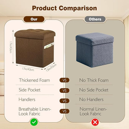 Storage Ottoman Cube, 61L Slim Tall Foldable Foot Rest with Thicker Foam Padded Seat. 350 lbs Small Linen Ottoman with Storage Bench Footstool for Living Room, Bedroom, Coffee Table. 17x13x17in, Brown
