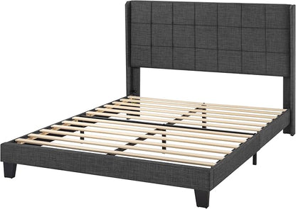 Allewie Queen Size Platform Bed Frame with Wingback, Fabric Upholstered Square Stitched Headboard and Wooden Slats, Mattress Foundation, Box Spring Optional, Easy Assembly, Dark Grey