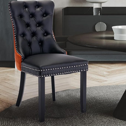 Leather Upholstered Dining Chairs Set of 8, Modern Style Kitchen Side Chairs with Nailhead Trim and Wood Leg, Metal Pulling Ring for Dining Room Living Room