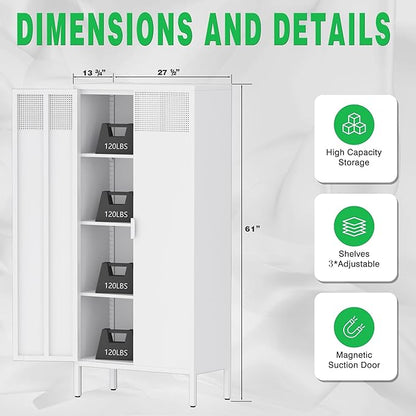 61 Inches Metal Storage Cabinet with Doors and Shelves, 4 Tier Kitchen Pantry Cabinet, Multi-Purpose Metal Cabinet for Home, Dining, Laundry, Living, Bathroom and Utility Rooms (White)