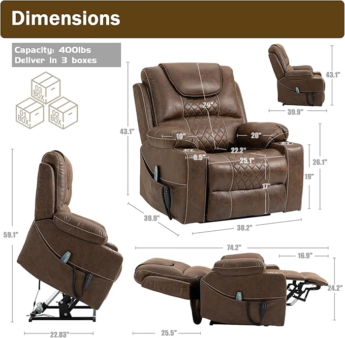 Dual Motor Power Lift Recliner Chair Sofa with Massage and Heating for Big Elderly Adults People, Lay Flat Lift Chair, Infinite Position, 2 Cup Holders, 2 Side Pockets, Lumbar Pillow