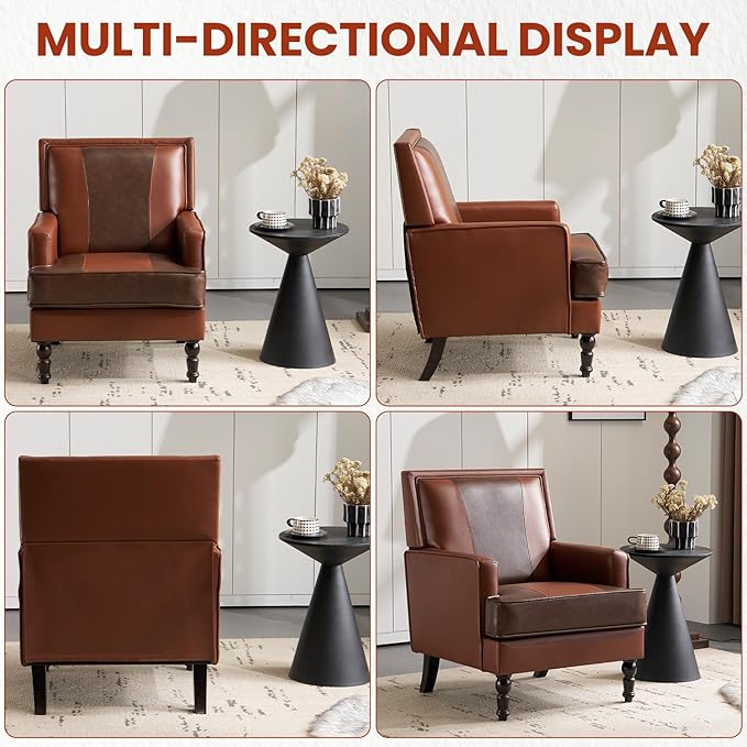 MOJAY Faux Leather Accent Chairs Set of 2, Mid-Century Modern Upholstered Lounge Armchair, Comfy Club Chair for Living Room, Bedroom, Study & Reception (Brown)