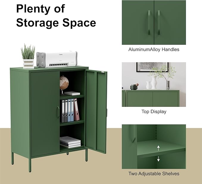 Metal Storage Cabinet with Doors and Shelves,Multipurpose Storage Rack, 3-Tier Shelf,Metal Locker Style Accent Cabinet for Home Office,Living Room,Kitchen (Forest Green, 40''H)