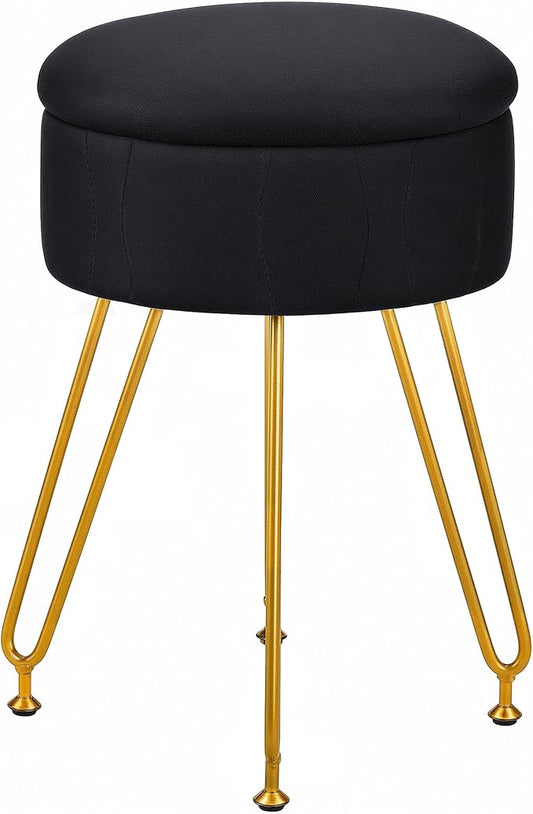 VECELO Vanity Stool with Storage, Velvet Chair for Vanity, Strong Metal Legs, Anti-Slip Feet, Padded Seat for Make Up, Bedroom, Living Room, Entryway, Black