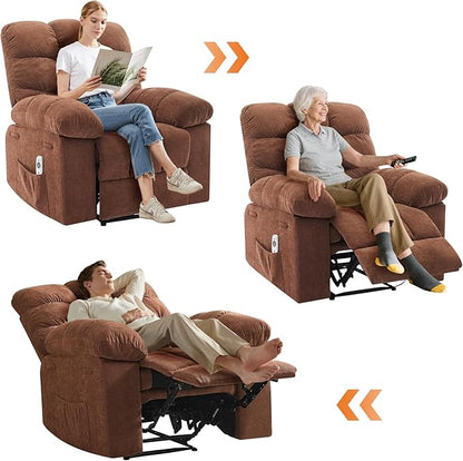Recliner Rocking Chair with Massage and Heat, Wide Overstuffed Ergonomic Fabric Recliner with Breathable Upholstery, 2 Side Pockets & Remote Control for Living Room or Bedroom