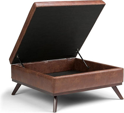 SIMPLIHOME Owen 36 inch Wide Mid Century Modern Square Coffee Table Storage Ottoman in Distressed Saddle Brown Vegan Faux Leather, Assembled, For the Living Room, Entryway and Family Room