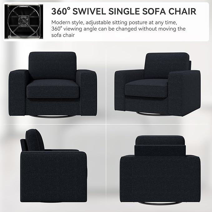 360 Rotation Swivel Accent Chair, FSC Certified 36'' Width Extra Wide Mid-Century Modern Armchair 1 pcs for Living Room, Bedroom, Office, Black