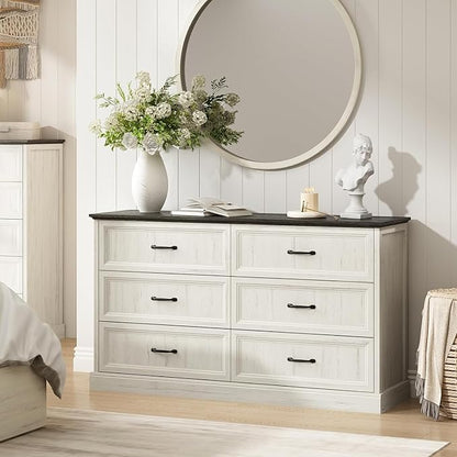 CARPETNAL Farmhouse Dresser and Nightstand Sets for Bedroom, 4 Pcs Bedroom Set, 5 Drawer & 6 Drawer Dresser and Nightstand Set of 2, Wood Chest of Drawers for Living Room, Entryway, White