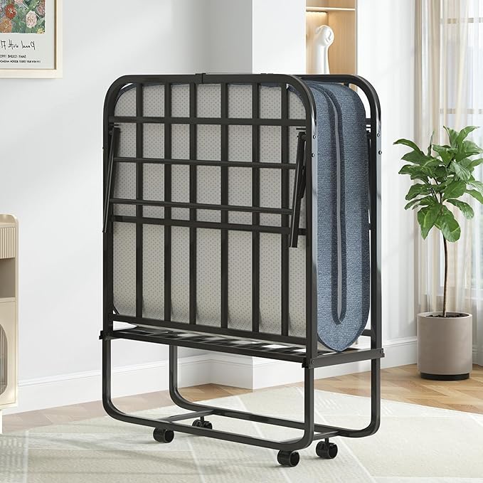Mjkone Folding Bed with Mattress, 5 Inch Rollaway Bed for Adults, Fold Up Beds with Lockable Wheels, Sturdy Metal Fold Away Frame for Bedroom/Guest, Space Saving（75" x 38"）