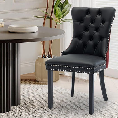 Leather Upholstered Dining Chairs Set of 8, Modern Style Kitchen Side Chairs with Nailhead Trim and Wood Leg, Metal Pulling Ring for Dining Room Living Room(Black&Wine Red)