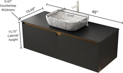 48 Inch Bathroom Vanity with Sink, Floating Fluted Vanity with Vessel Sink, Modern Wall Mounted Bathroom Vanity Cabinet with 2 Doors, Oval Marble Vessel Sink & Sintered Stone Top, Black