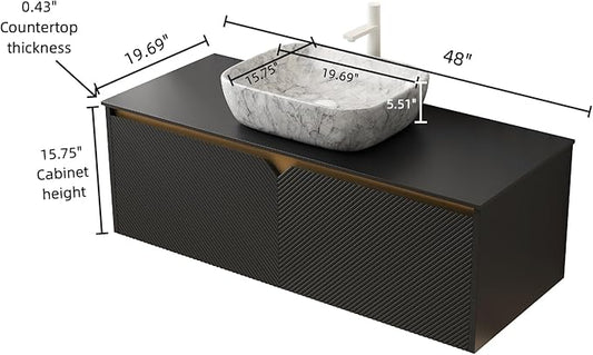 48 Inch Bathroom Vanity with Sink, Floating Fluted Vanity with Vessel Sink, Modern Wall Mounted Bathroom Vanity Cabinet with 2 Doors, Oval Marble Vessel Sink & Sintered Stone Top, Black
