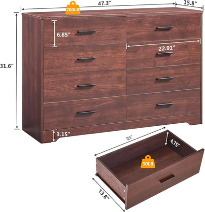 LIDYUK Dark Cherry Dresser for Bedroom, 8 Drawer Dressers & Chests of Drawers, Modern Wood Dresser, 48 Inches Wide Chest of Drawers for Bedroom, Hallway, Living Room