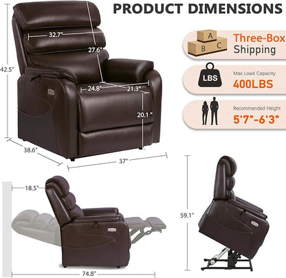 EONIX Large Lay Flat Power Lift Recliner Chair for Elderly, Oversized Electric Lift Chairs, 400lbs Heavy Duty Power Recliner with Heat and Massage, SLRY022063, Dark Brown