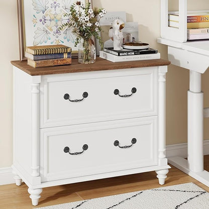 Lateral File Cabinet 2 Drawers Farmhouse File Cabinet Set of 2 for Letter/A4/Legal Size Hanging Files, Large Rustic White Storage Cabinets Printer Stand with 4 Solid Wood Feet &Column Decor for Office