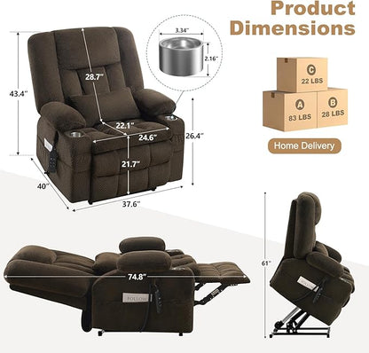 Infinite Position Power Lift Chair, Dual Motor Power Lift Recliner Chair with Massage and Heat Function for Elderly People, USB Charging Ports, Dark Brown