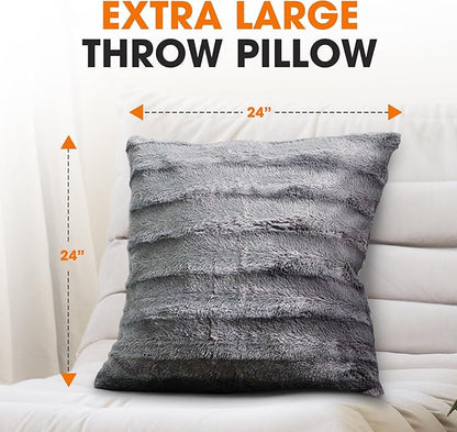 Cheer Collection Faux Fur Throw Pillows - Decorative Pillows for Couch, Bed Throw Pillows, Grey Accent Pillows for Bedroom or Living Room Aesthetic, Set of 2 Furry Throw Pillows, 24" x 24"