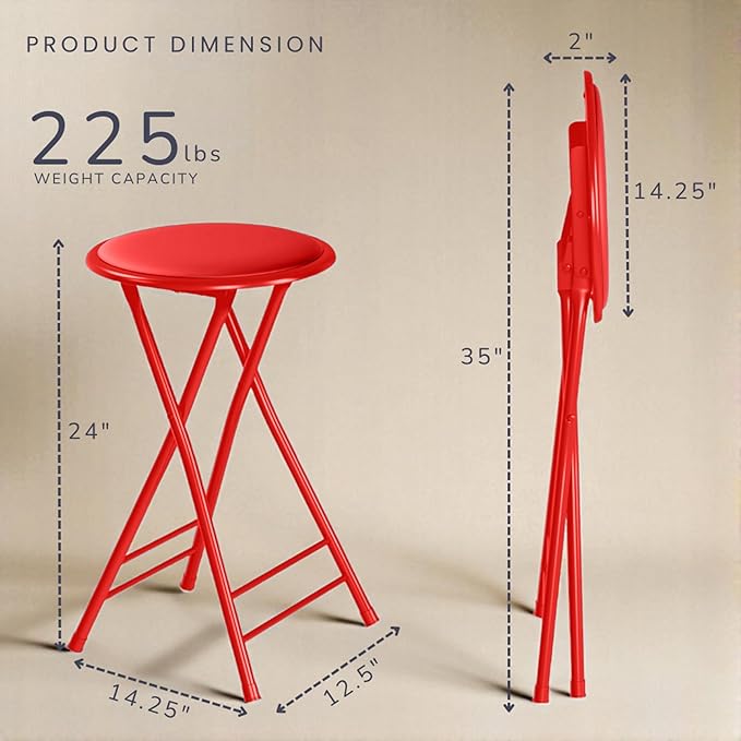 Lavish Home Folding Stool Set - Set of Two 24-Inch Padded Stools with 225lb Capacity for Kitchen, Dorm, or Rec Room - Portable Stools for Adults - Collapsible Sitting Stool Set for Seating (Red)