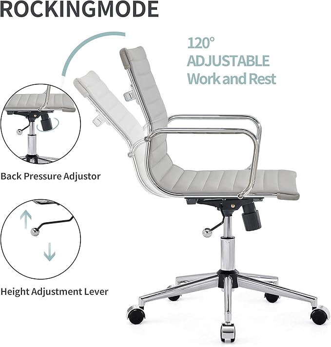 Gray Office Chair Ergonomic Computer Desk Chairs Executive Conference Room Chair Leather Modern Home Office Chair for Desk Mid Back Adjustable Swivel Chairs with Lumbar Support(Gray)…