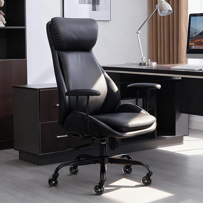 Home Office Desk Chair, PU Casters Ergonomic Computer Chair with Lumbar Support, Adjustable Height, 360°Rolling Swivel Chair, High Back Executive Task, Padded Armrests Chair, Black Leather