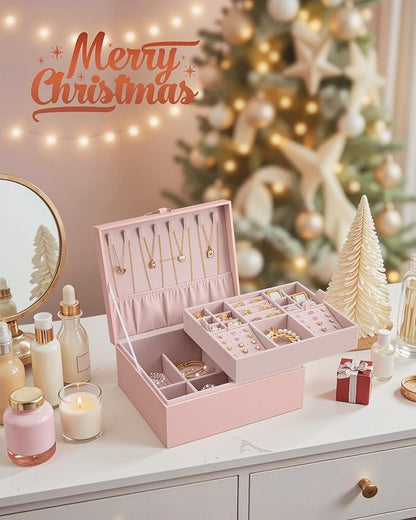 SONGMICS 2-Layer Jewelry Box, Jewelry Organizer with Handle, Removable Jewelry Tray, Jewelry Storage, Floating Effect, 8.1 x 9.4 x 4.3 Inches, Christmas Gift, Jelly Pink UJBC165R01