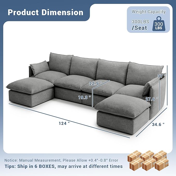 124" Cloud Modular Sectional Sofa, Waterproof Down Filled Sectional Couch, High Backrest U Shaped 4 Seater Couch with 2 Ottomans, Modern Modular Sofas with Removable Cover, Dark Gray