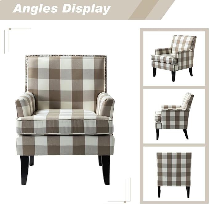 HULALA HOME Modern Accent Chairs Set of 2, Farmhouse High Back Buffalo Plaid Chairs with Wooden Legs & Nail Head Trim, Comfy Upholstered Armchairs for Living Room/Bedroom (Buffalo Beige)