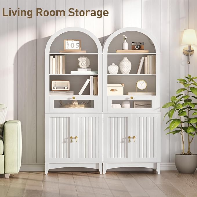 66" Tall Bathroom Storage Cabinet with Flip Drawer, Freestanding Storage Cabinet with Doors & Shelves,Arched Cabinets for Bathroom, Living Room, Kitchen, Laundry, White