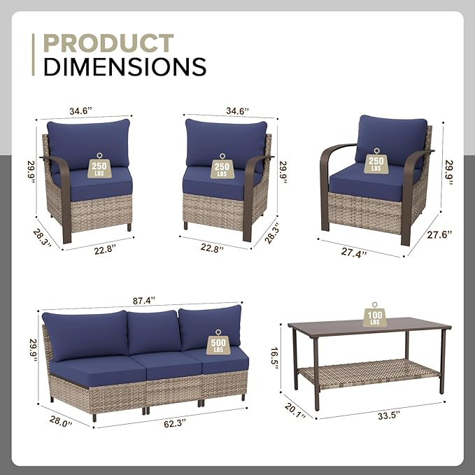 COOS BAY Aurora Terrace Half-Moon Outdoor Furniture Set, Rattan Conversation Set with Patio Chairs, Curved 5-Seat Sofa, Coffee Table, Seats 7, Beige/Blue