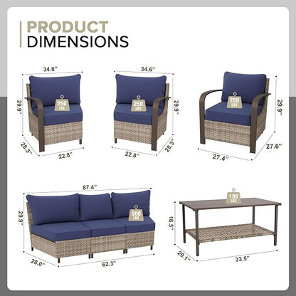 COOS BAY Aurora Terrace Half-Moon Outdoor Furniture Set, Rattan Conversation Set with Patio Chairs, Curved 5-Seat Sofa, Coffee Table, Seats 7, Beige/Blue