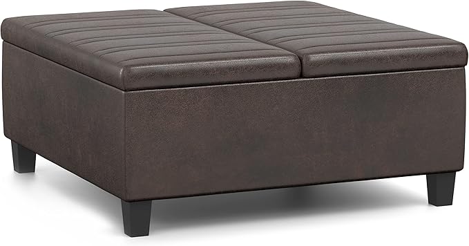 SIMPLIHOME Ellis 36 inch Wide Contemporary Square Coffee Table Storage Ottoman in Distressed Brown Vegan Faux Leather, Assembled, for The Living Room and Bedroom