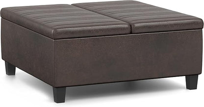 SIMPLIHOME Ellis 36 inch Wide Contemporary Square Coffee Table Storage Ottoman in Distressed Brown Vegan Faux Leather, Assembled, for The Living Room and Bedroom