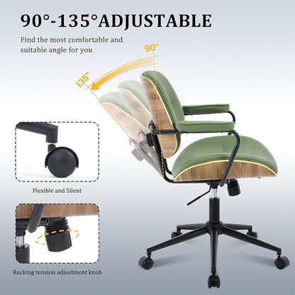 BV Mid Century Modern Office Chair Set of 1, Swivel Rolling Deak Chair with Armrests and Walnut Back, Adjustable Desk Chair for Home Office, Green