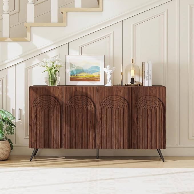 59" Sideboard Buffet Cabinet with Adjustable Shelves, Modern Storage Cabinet with Arched 3D Carved Wood Doors, Credenza Accent Cabinet for Living Room, Dining Room, Entryway,Walnut