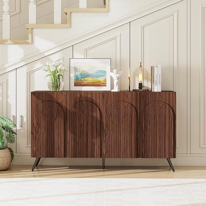 59" Sideboard Buffet Cabinet with Adjustable Shelves, Modern Storage Cabinet with Arched 3D Carved Wood Doors, Credenza Accent Cabinet for Living Room, Dining Room, Entryway,Walnut