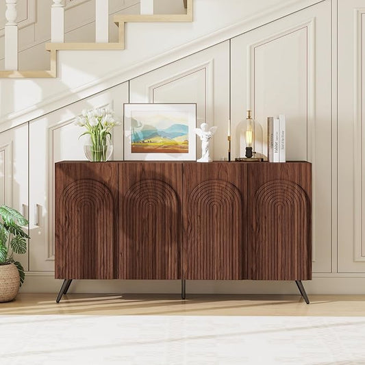 59" Sideboard Buffet Cabinet with Adjustable Shelves, Modern Storage Cabinet with Arched 3D Carved Wood Doors, Credenza Accent Cabinet for Living Room, Dining Room, Entryway,Walnut