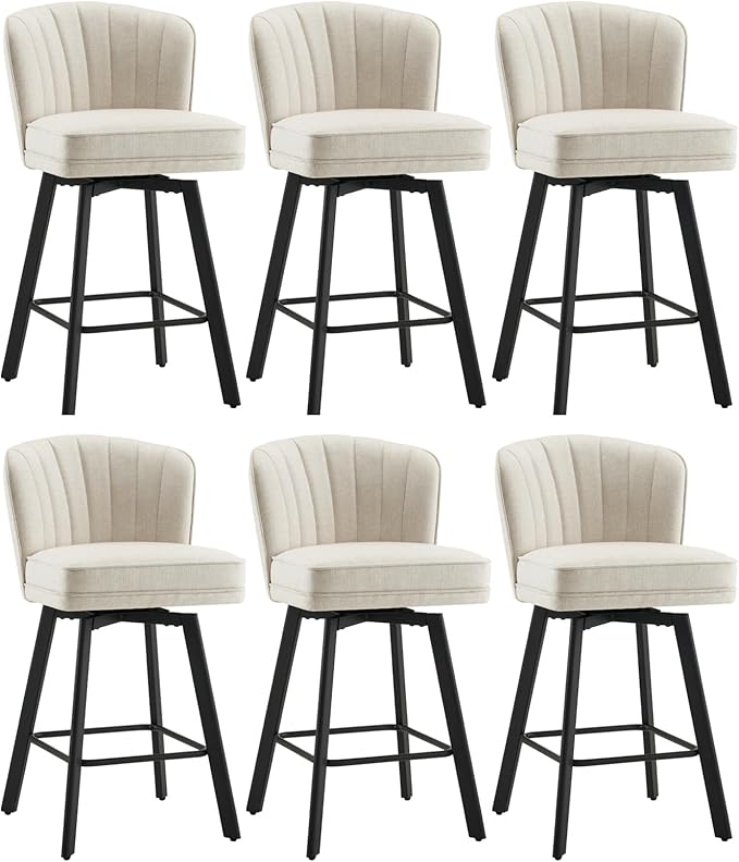 Swivel Counter Height Bar Stools Set of 6, 26'' Modern Barstools with Backs and Metal Legs, Upholstered Bar Chairs, Beige, Fabric Stools for Kitchen Island Chairs