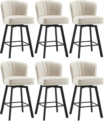 Swivel Counter Height Bar Stools Set of 6, 26'' Modern Barstools with Backs and Metal Legs, Upholstered Bar Chairs, Beige, Fabric Stools for Kitchen Island Chairs