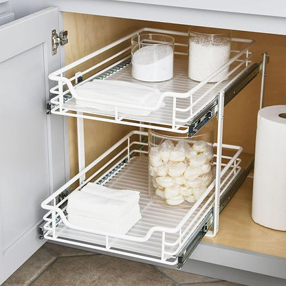 Household Essentials Glidez Multipurpose Paint-Finished Steel Pull-Out/Slide-Out Storage Organizer for Under Cabinet Use - 2-Tier Design - Fits Standard Size Cabinet or Shelf, White