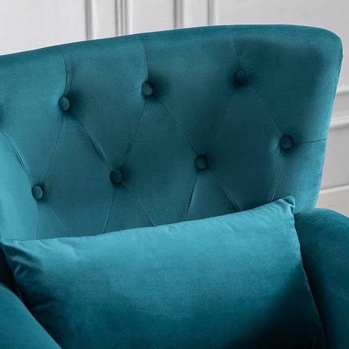 Accent Reading Arm Chairs for Living Room Bedroom, Midcentury Modern Comfy Corner Sofa Chair, Wingback Waiting Room Club Chair with Button Tufted Back &Lumbar Pillow, Velvet Teal