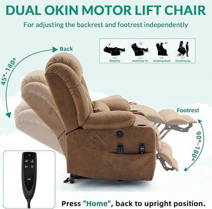 VIVIJASON Tall Man Dual Motor Power Lift Recliner Chair with Extended Footrest, Oversized Lay Flat Sleeper Electric Recliner W/Heat & Massage, Lumbar Pillow, USB & Type-C Ports, Infinite Position