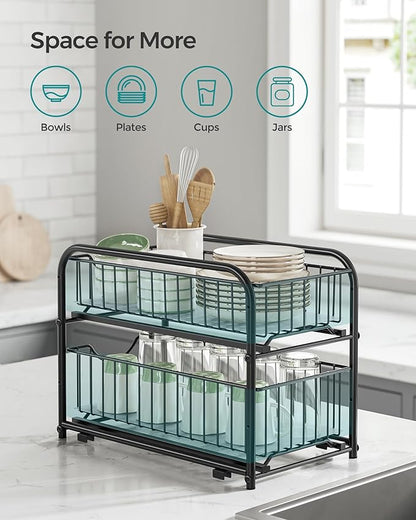 SONGMICS 4-Tier Pull Out Cabinet Organizers, Under Sink Organizer, Bathroom Organizer and Storage, Sliding Basket Drawers, Stackable for Kitchen, Bathroom, Ink Black UKCS017B02