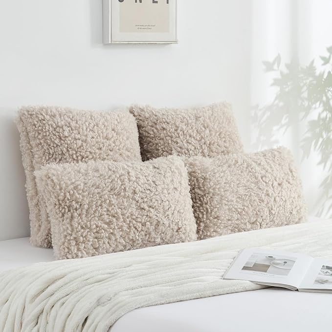 FUTEI Beige Decorative Throw Pillow Covers 12x20 Inch Set of 2,Soft Fluffy Faux Wool Fur Boucle Textured Lumbar Pillow Case,Modern Home Decor for Couch Bed Living Room Office