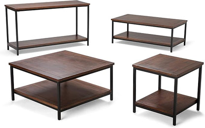 SIMPLIHOME Skyler Square Coffee Table - 34 inch Wide Solid Mango Wood and Metal Living Room Table in Dark Cognac Brown, Industrial Center Table for Family Room with Open Shelf and Black Frame